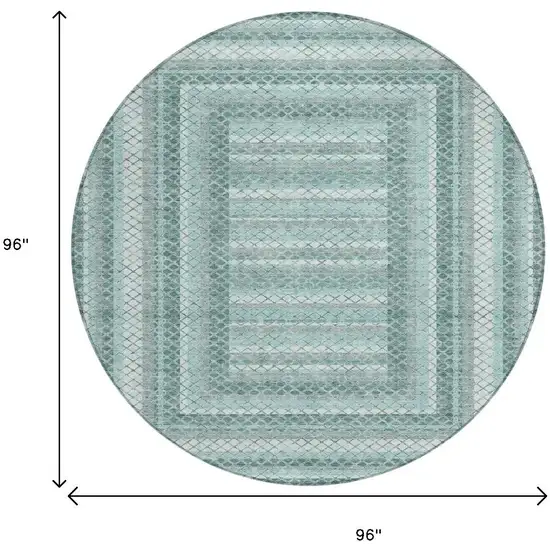 8' Teal Blue And Ivory Round Geometric Washable Indoor Outdoor Area Rug Photo 9