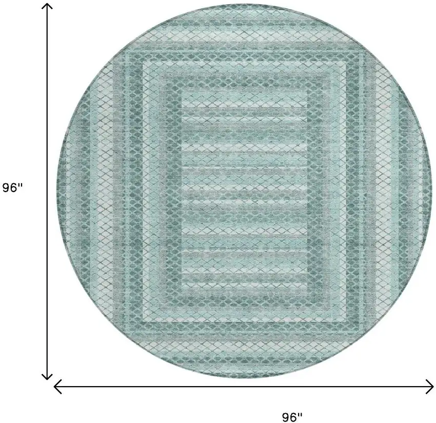 8' Teal Blue And Ivory Round Geometric Washable Indoor Outdoor Area Rug Photo 9
