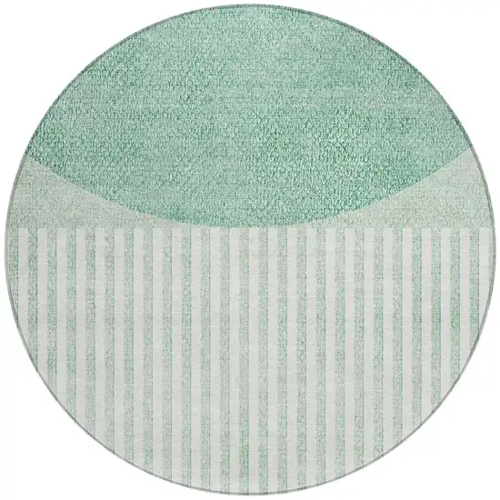8' Teal Blue And Ivory Round Geometric Washable Indoor Outdoor Area Rug Photo 3