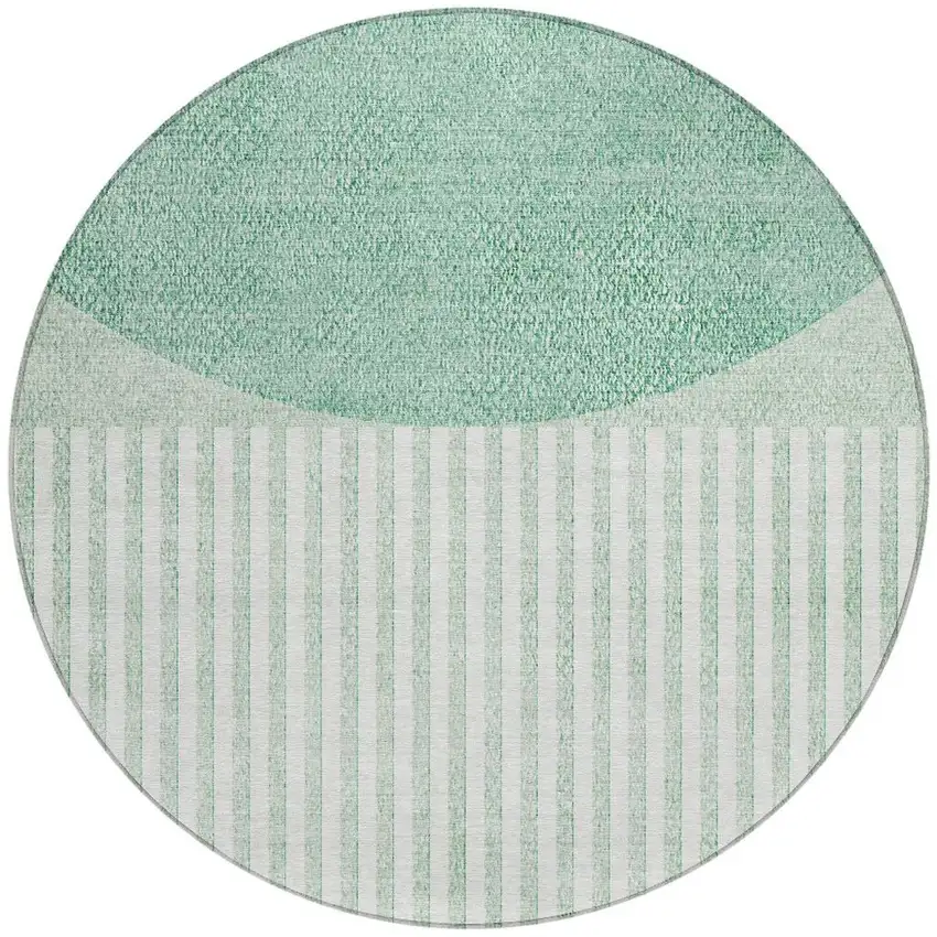 8' Teal Blue And Ivory Round Geometric Washable Indoor Outdoor Area Rug Photo 3