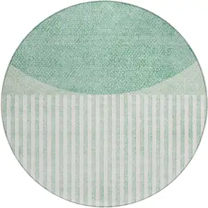 Photo of 8' Teal Blue And Ivory Round Geometric Washable Indoor Outdoor Area Rug