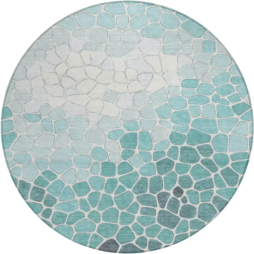 8' Teal Blue And Ivory Round Geometric Washable Indoor Outdoor Area Rug Photo 1