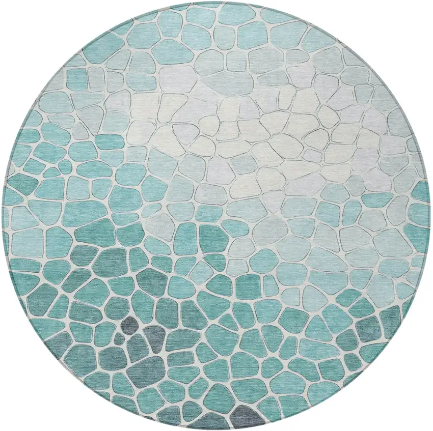 8' Teal Blue And Ivory Round Geometric Washable Indoor Outdoor Area Rug Photo 4