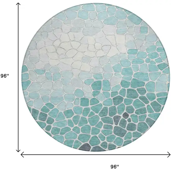 8' Teal Blue And Ivory Round Geometric Washable Indoor Outdoor Area Rug Photo 8