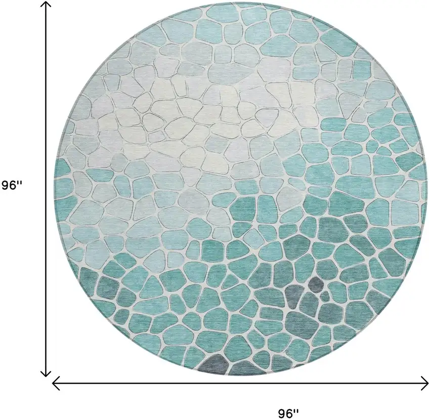 8' Teal Blue And Ivory Round Geometric Washable Indoor Outdoor Area Rug Photo 8