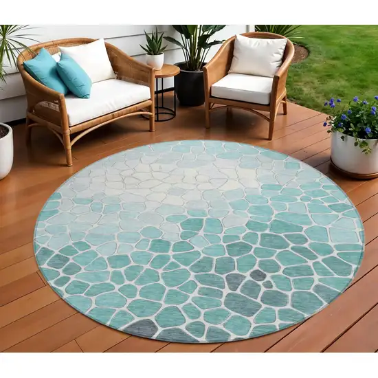 8' Teal Blue And Ivory Round Geometric Washable Indoor Outdoor Area Rug Photo 2