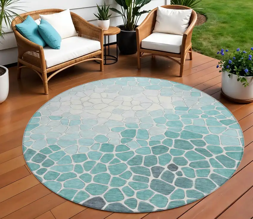 8' Teal Blue And Ivory Round Geometric Washable Indoor Outdoor Area Rug Photo 2