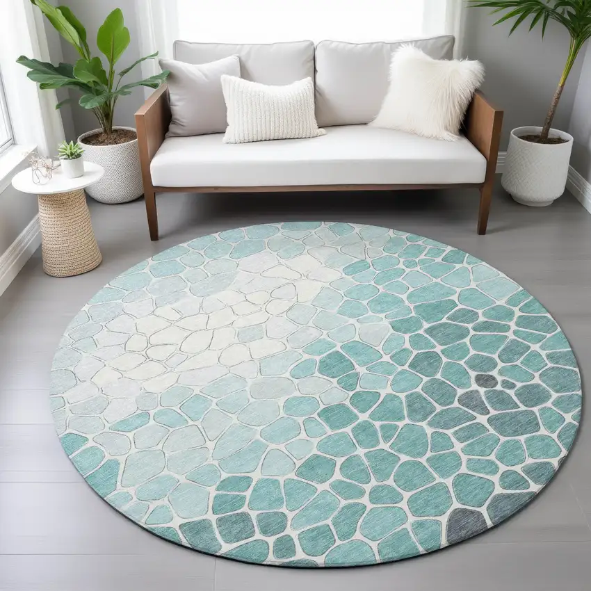8' Teal Blue And Ivory Round Geometric Washable Indoor Outdoor Area Rug Photo 7