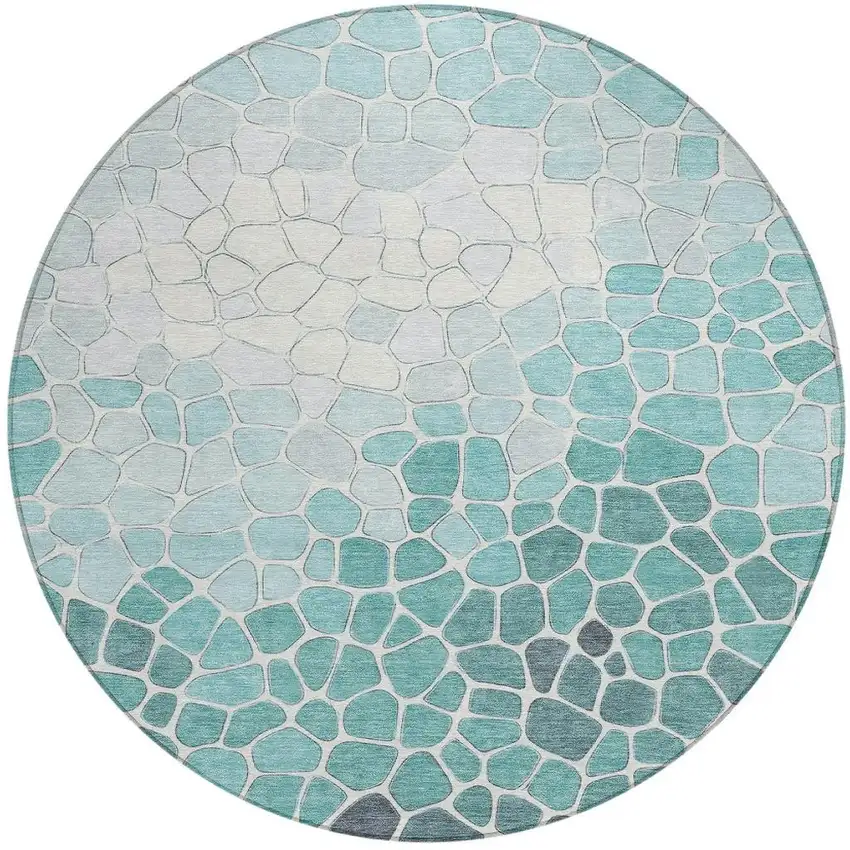 8' Teal Blue And Ivory Round Geometric Washable Indoor Outdoor Area Rug Photo 3