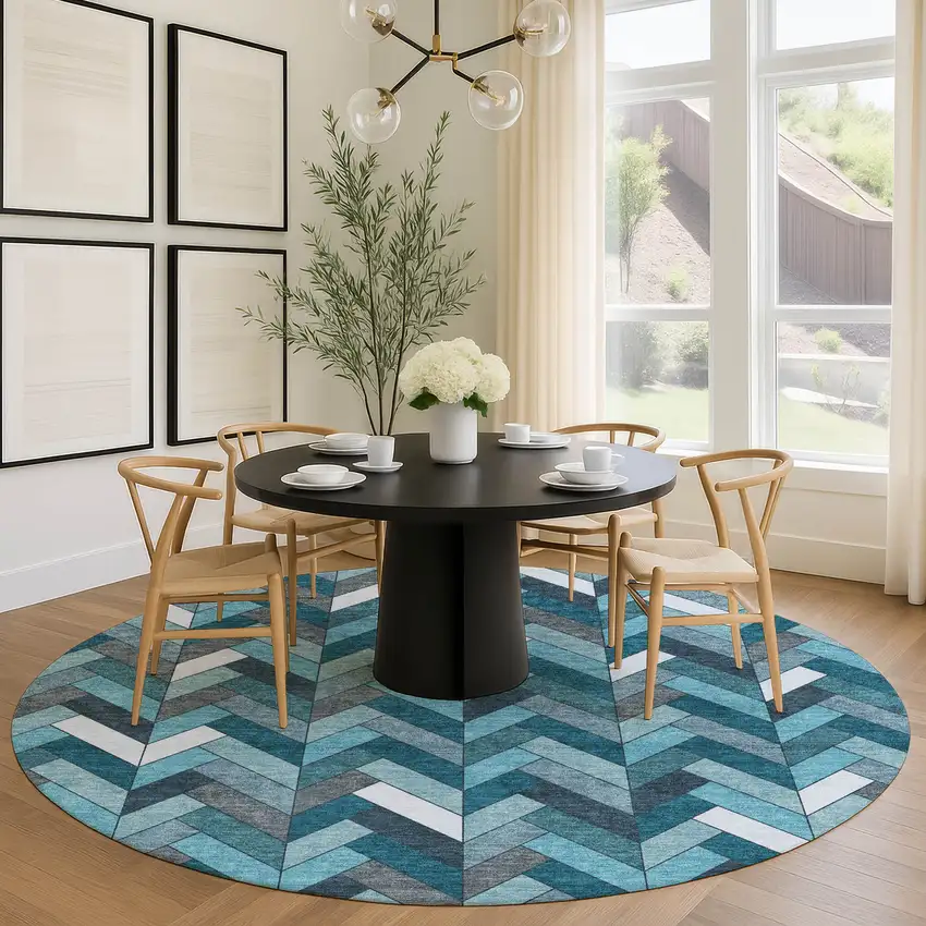 8' Teal Blue And Ivory Round Geometric Washable Indoor Outdoor Area Rug Photo 9