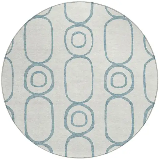 8' Teal Blue And Ivory Round Geometric Washable Indoor Outdoor Area Rug Photo 4