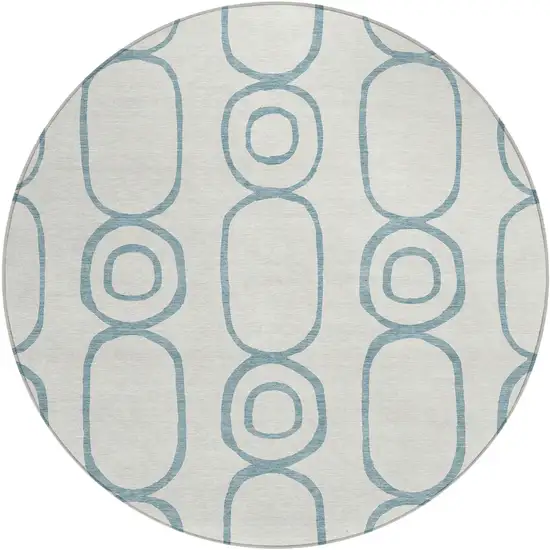 8' Teal Blue And Ivory Round Geometric Washable Indoor Outdoor Area Rug Photo 2