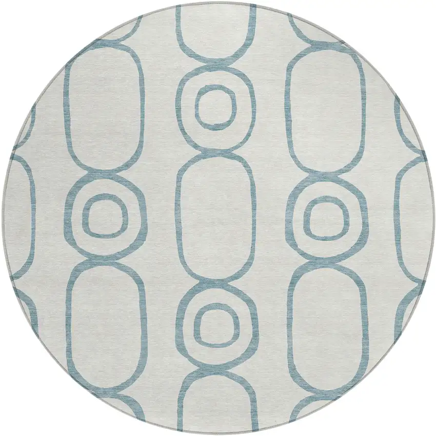 8' Teal Blue And Ivory Round Geometric Washable Indoor Outdoor Area Rug Photo 2
