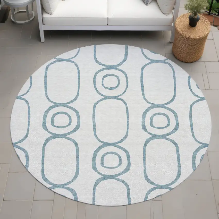 8' Teal Blue And Ivory Round Geometric Washable Indoor Outdoor Area Rug Photo 8