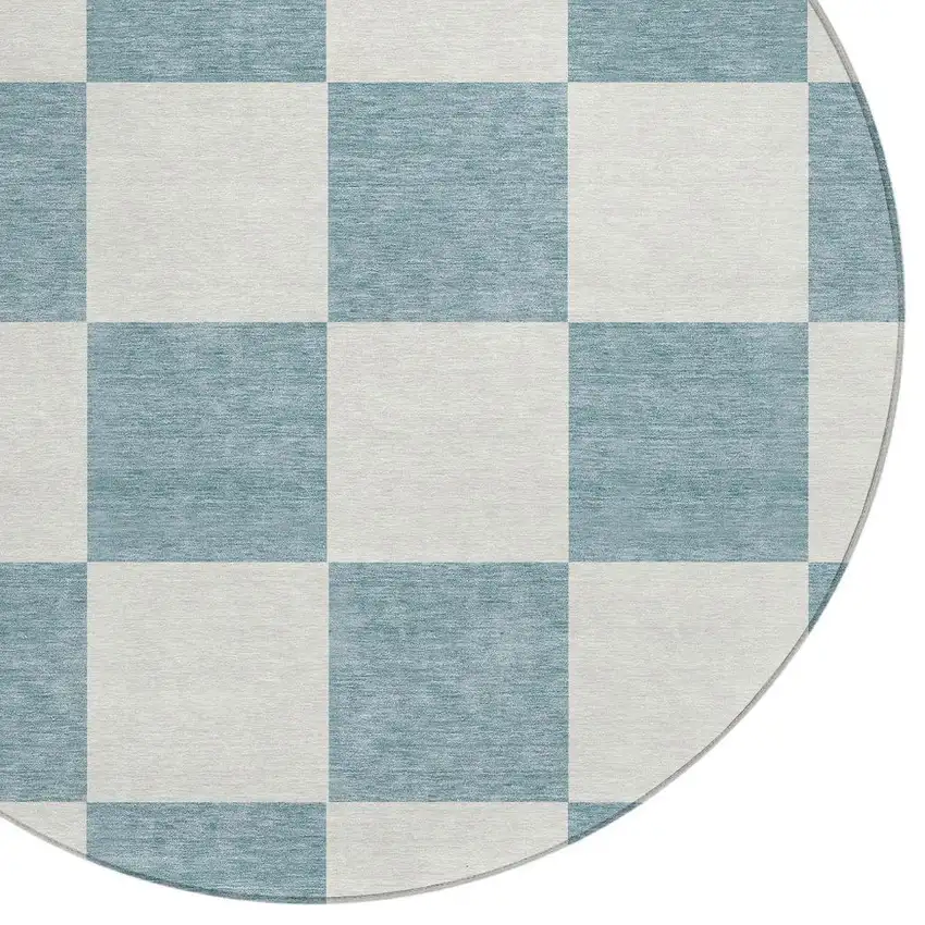 8' Teal Blue And Ivory Round Geometric Washable Indoor Outdoor Area Rug Photo 7