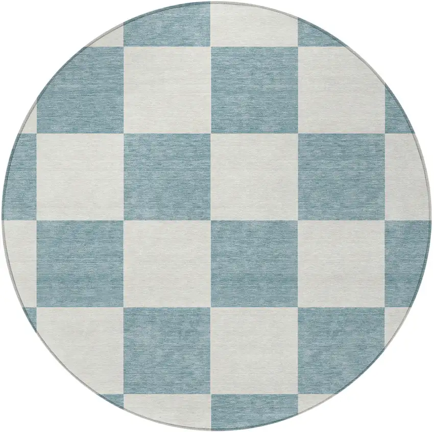 8' Teal Blue And Ivory Round Geometric Washable Indoor Outdoor Area Rug Photo 4