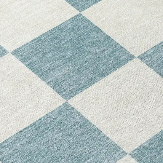 8' Teal Blue And Ivory Round Geometric Washable Indoor Outdoor Area Rug Photo 9