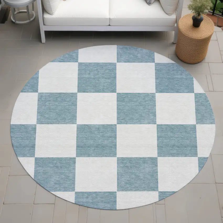 8' Teal Blue And Ivory Round Geometric Washable Indoor Outdoor Area Rug Photo 8