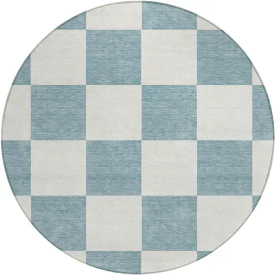 8' Teal Blue And Ivory Round Geometric Washable Indoor Outdoor Area Rug Photo 2