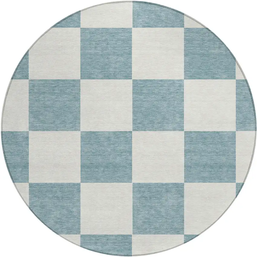 8' Teal Blue And Ivory Round Geometric Washable Indoor Outdoor Area Rug Photo 2