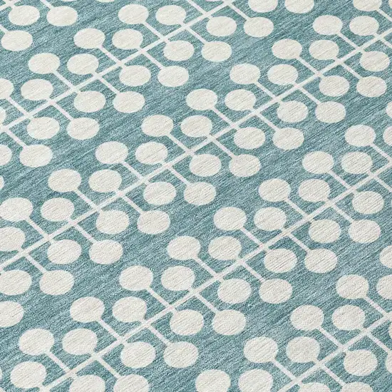 8' Teal Blue And Ivory Round Geometric Washable Indoor Outdoor Area Rug Photo 9