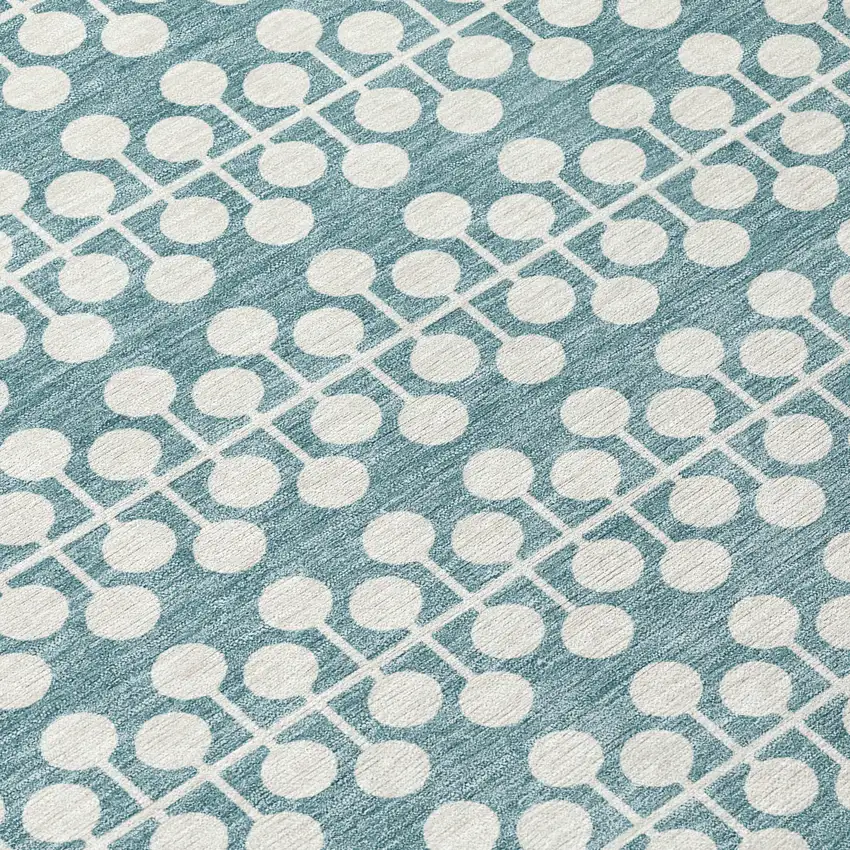 8' Teal Blue And Ivory Round Geometric Washable Indoor Outdoor Area Rug Photo 9