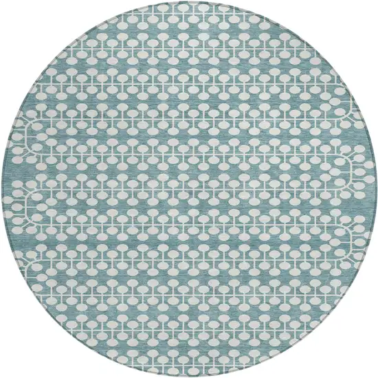 8' Teal Blue And Ivory Round Geometric Washable Indoor Outdoor Area Rug Photo 2
