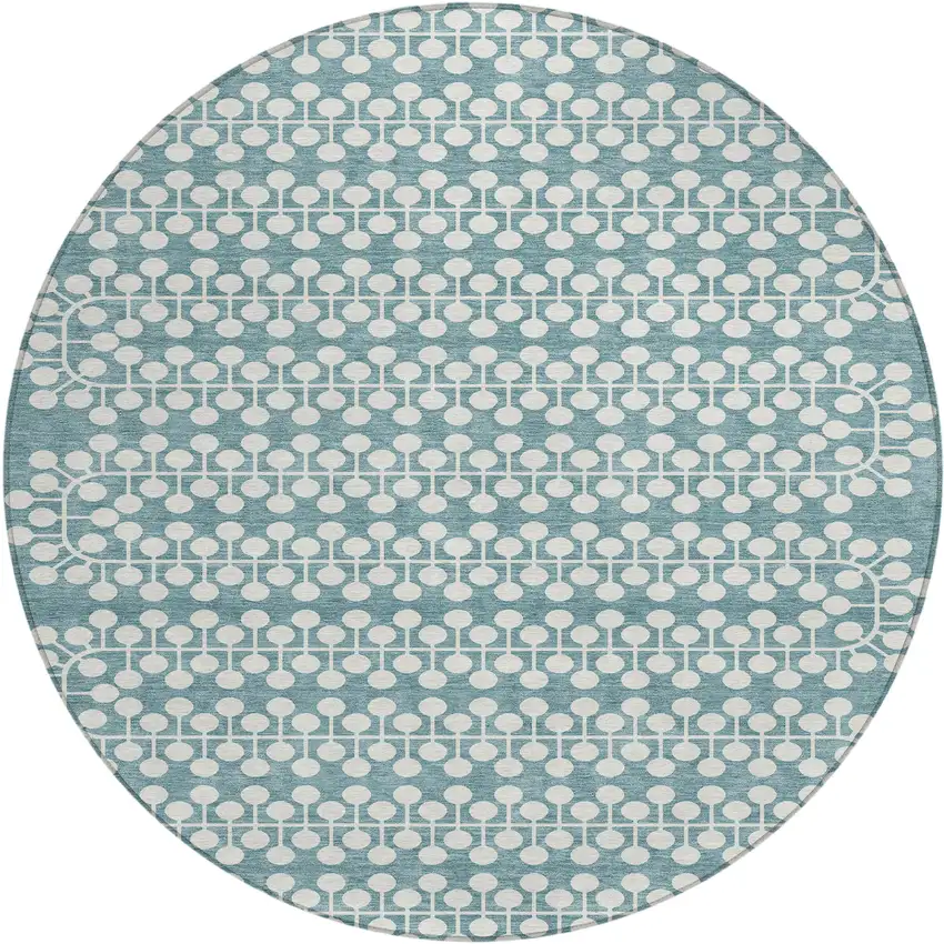 8' Teal Blue And Ivory Round Geometric Washable Indoor Outdoor Area Rug Photo 2