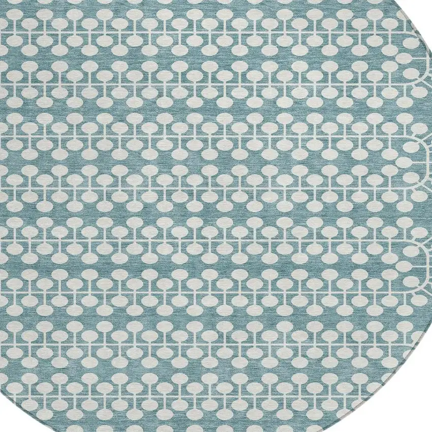 8' Teal Blue And Ivory Round Geometric Washable Indoor Outdoor Area Rug Photo 6