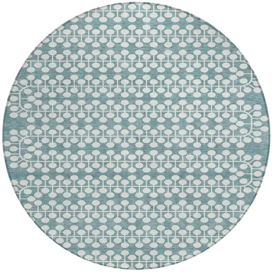8' Teal Blue And Ivory Round Geometric Washable Indoor Outdoor Area Rug Photo 4
