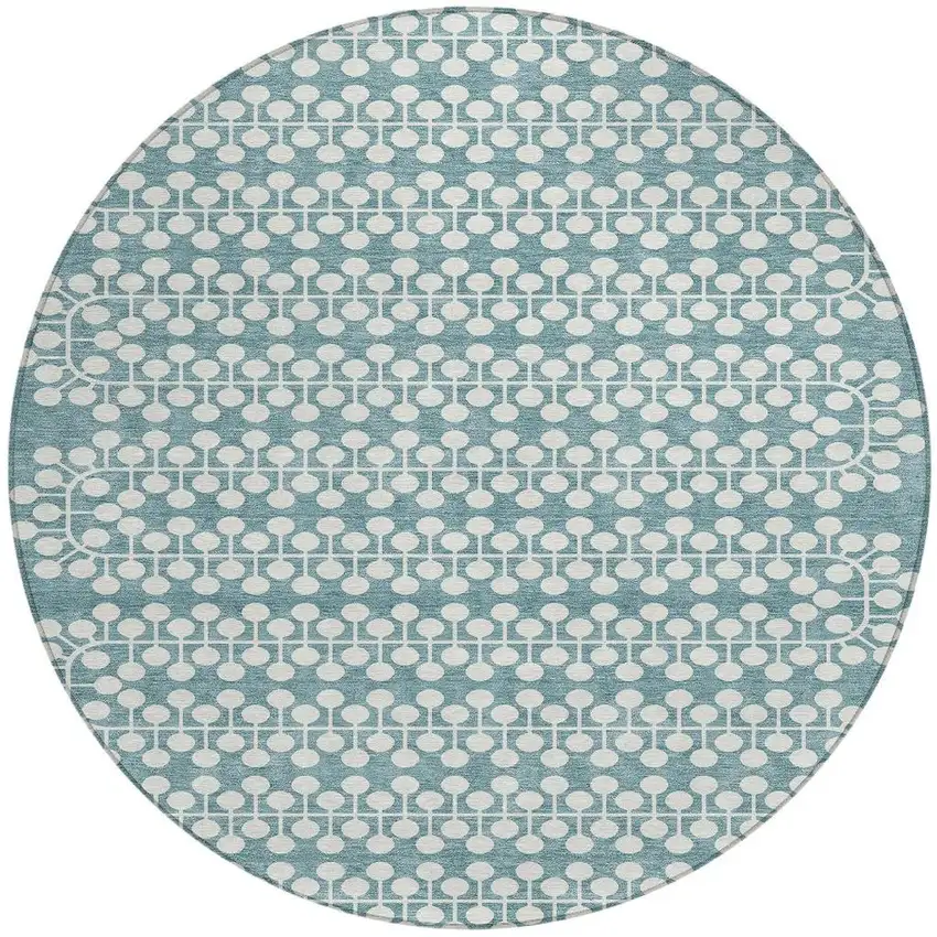 8' Teal Blue And Ivory Round Geometric Washable Indoor Outdoor Area Rug Photo 4