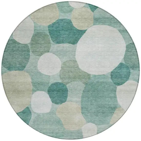 8' Teal Blue And Ivory Round Geometric Washable Indoor Outdoor Area Rug Photo 3