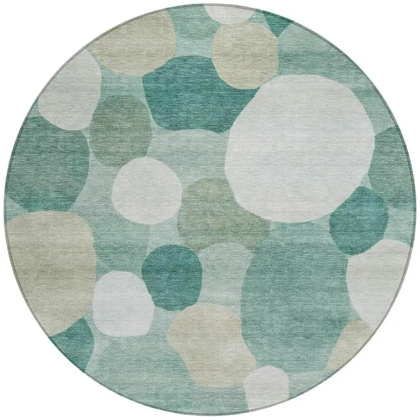8' Teal Blue And Ivory Round Geometric Washable Indoor Outdoor Area Rug Photo 3