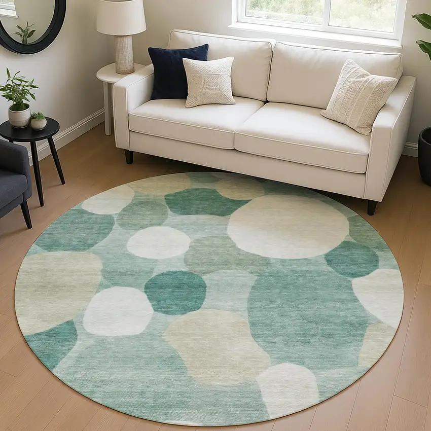 8' Teal Blue And Ivory Round Geometric Washable Indoor Outdoor Area Rug Photo 5