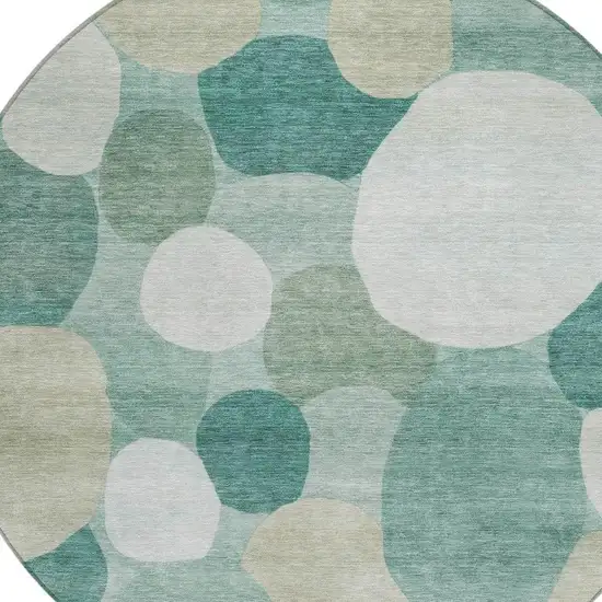8' Teal Blue And Ivory Round Geometric Washable Indoor Outdoor Area Rug Photo 2