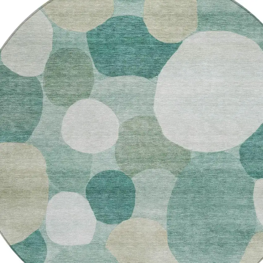 8' Teal Blue And Ivory Round Geometric Washable Indoor Outdoor Area Rug Photo 2