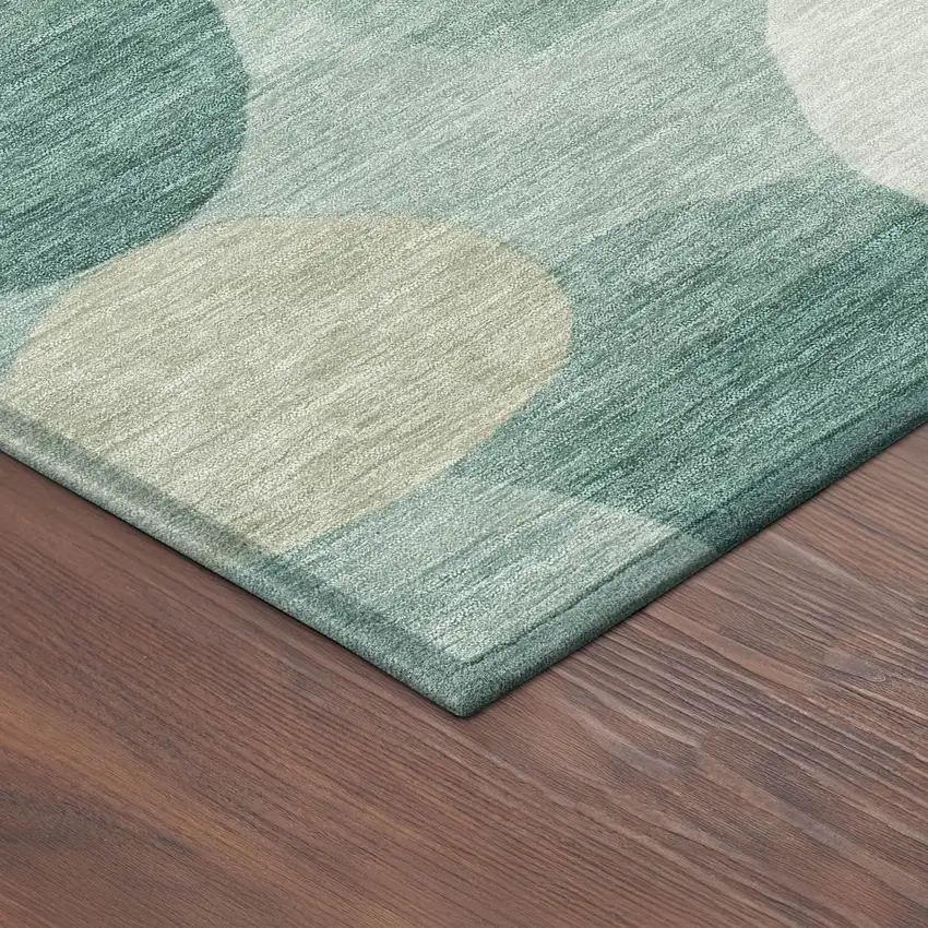 8' Teal Blue And Ivory Round Geometric Washable Indoor Outdoor Area Rug Photo 8