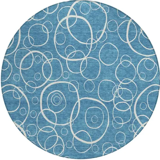 8' Teal Blue And Ivory Round Geometric Washable Indoor Outdoor Area Rug Photo 3
