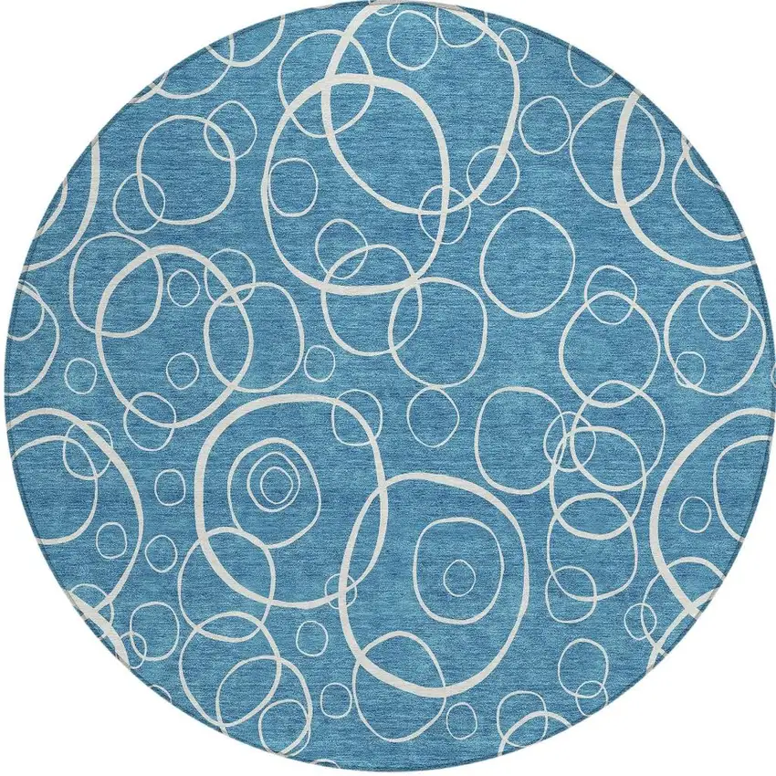 8' Teal Blue And Ivory Round Geometric Washable Indoor Outdoor Area Rug Photo 3