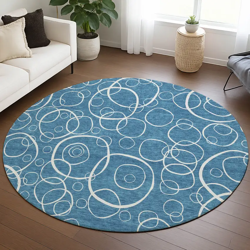 8' Teal Blue And Ivory Round Geometric Washable Indoor Outdoor Area Rug Photo 5