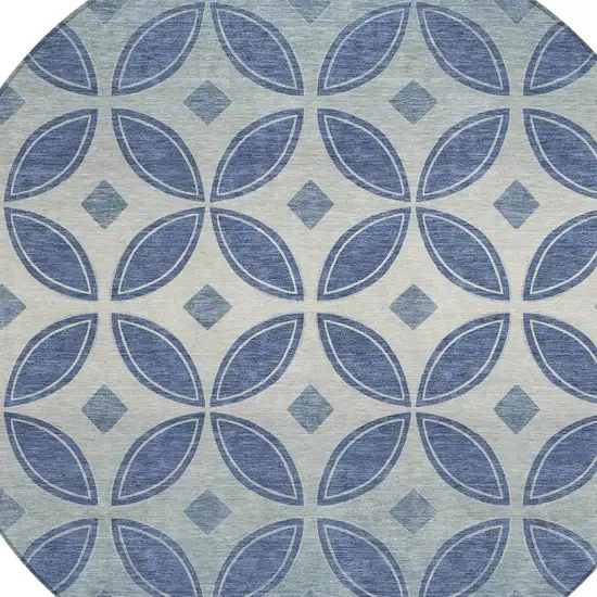 8' Teal Blue And Ivory Round Geometric Washable Indoor Outdoor Area Rug Photo 2