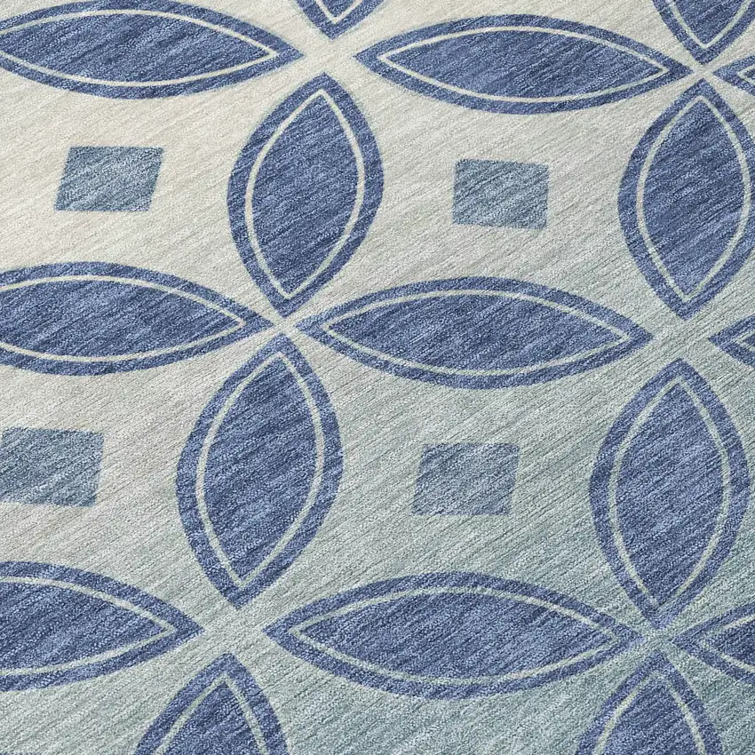 8' Teal Blue And Ivory Round Geometric Washable Indoor Outdoor Area Rug Photo 9