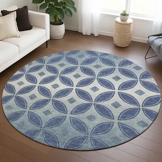 8' Teal Blue And Ivory Round Geometric Washable Indoor Outdoor Area Rug Photo 5