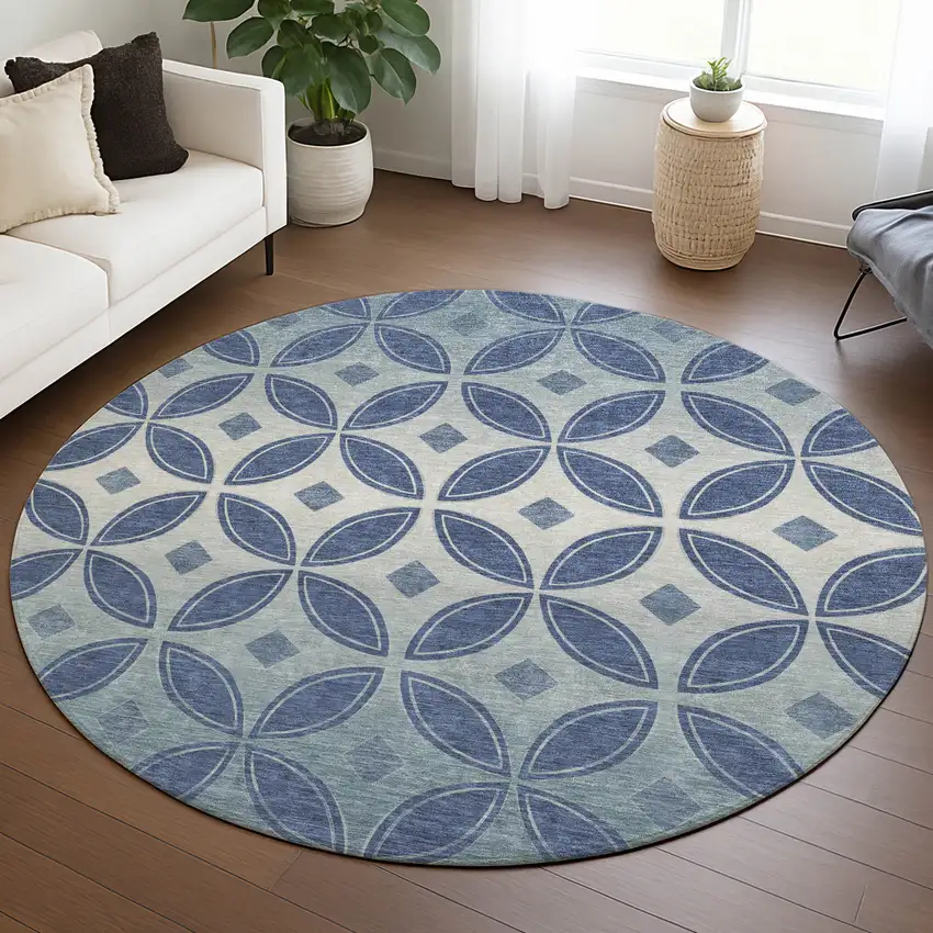 8' Teal Blue And Ivory Round Geometric Washable Indoor Outdoor Area Rug Photo 5