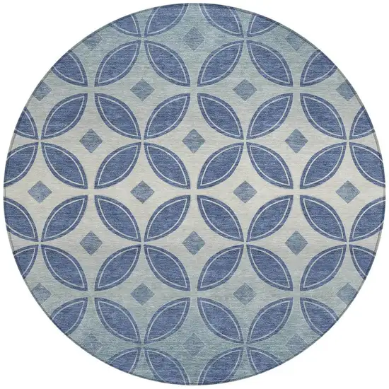 8' Teal Blue And Ivory Round Geometric Washable Indoor Outdoor Area Rug Photo 3