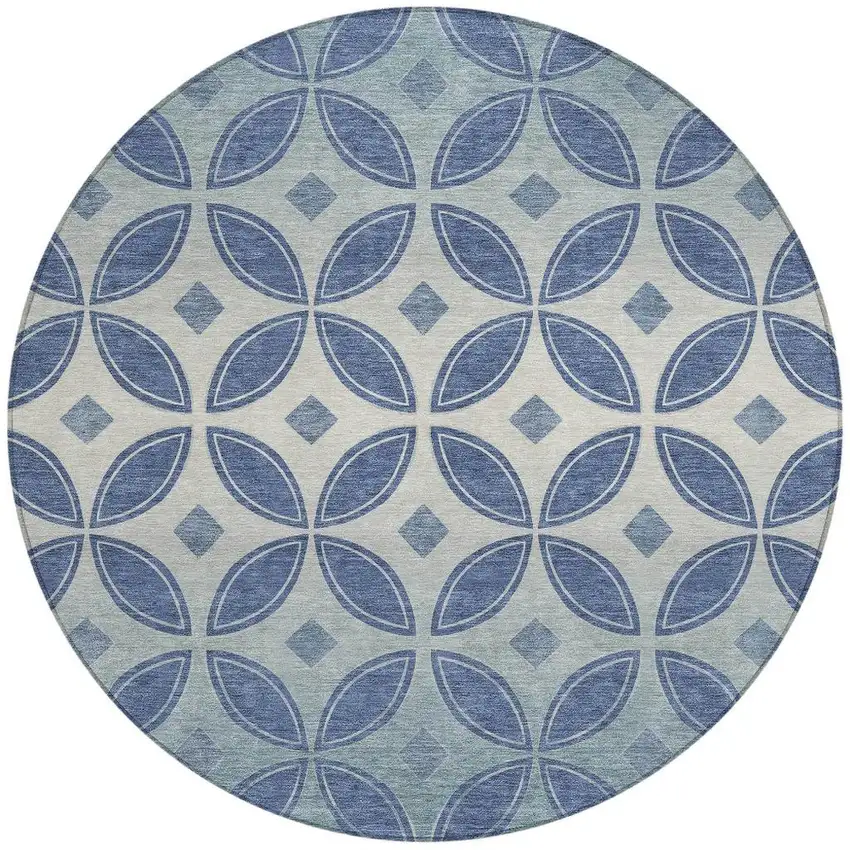 8' Teal Blue And Ivory Round Geometric Washable Indoor Outdoor Area Rug Photo 3