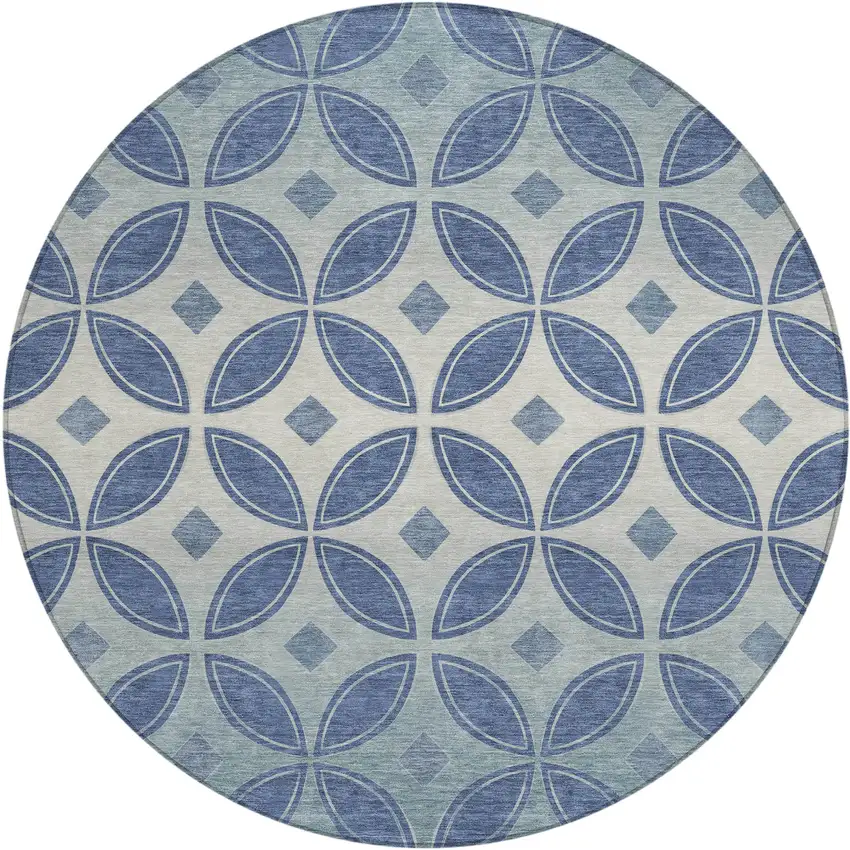 8' Teal Blue And Ivory Round Geometric Washable Indoor Outdoor Area Rug Photo 1