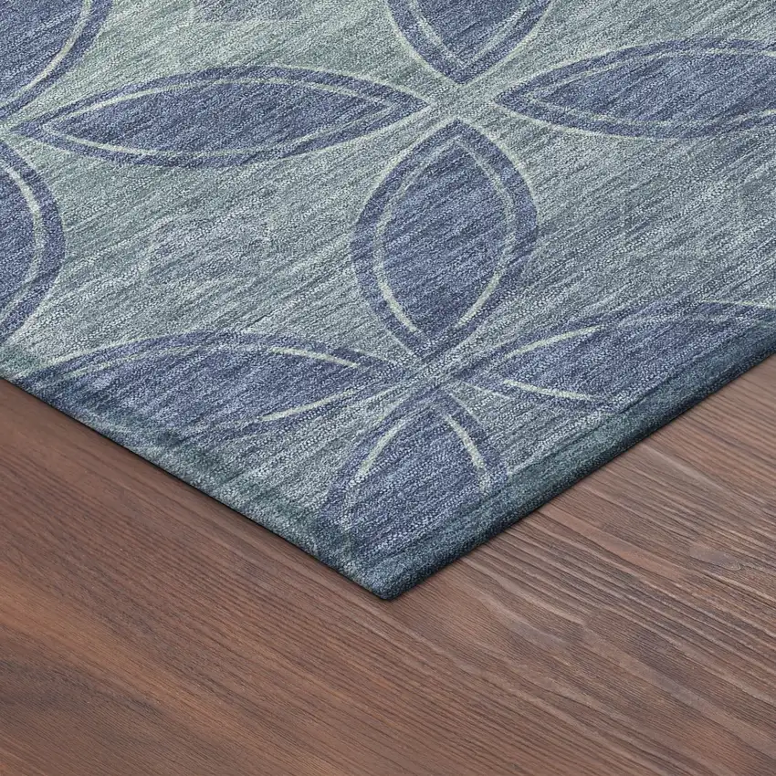 8' Teal Blue And Ivory Round Geometric Washable Indoor Outdoor Area Rug Photo 8