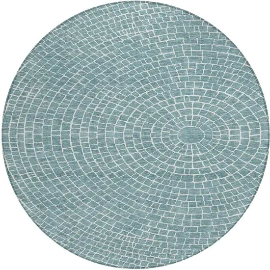 8' Teal Blue And Ivory Round Geometric Washable Indoor Outdoor Area Rug Photo 3
