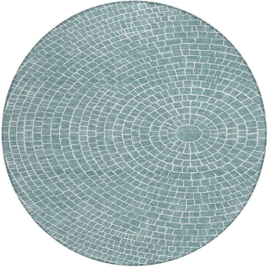 8' Teal Blue And Ivory Round Geometric Washable Indoor Outdoor Area Rug Photo 3